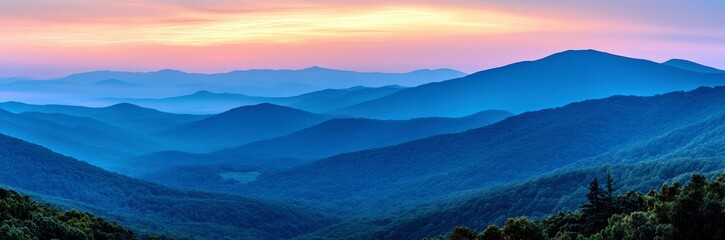 Fototapeta premium Serene Sunset Over Rolling Hills and Blue Mountains with Soft Pastel Skies, Peaceful Landscape of Nature at Dusk, Tranquil Aesthetic for Relaxation