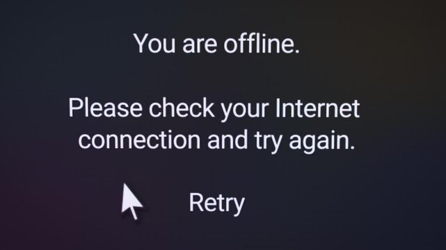 Video animation of a website with the note you are offline - please check your internet connection and try again - error message.