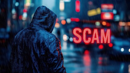 Mysterious hooded figure warning against scams urban night scene digital art dark atmosphere close-up view