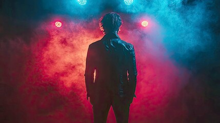 Silhouette of a Person on Stage with Red and Blue Lighting and Smoke. Dramatic Concert Photography