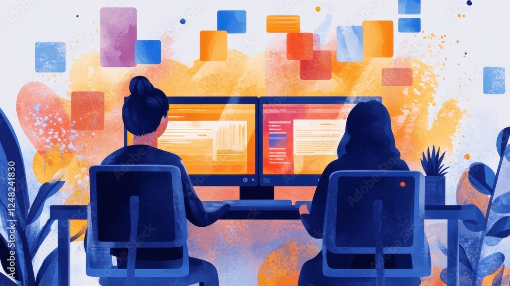 Poster two individuals work collaboratively on computers, surrounded by vibrant colors and abstract shapes,