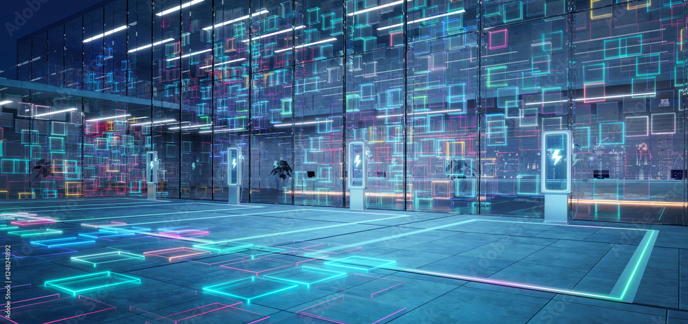 Poster 3d rendering futuristic digital interface with neon lights display
