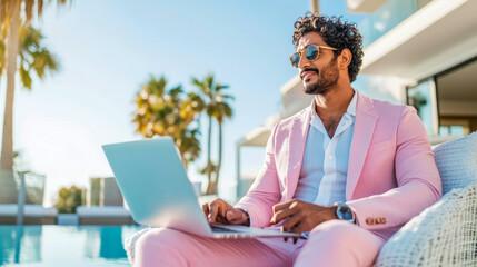 Summer luxury workation, man in pink suit using laptop by pool