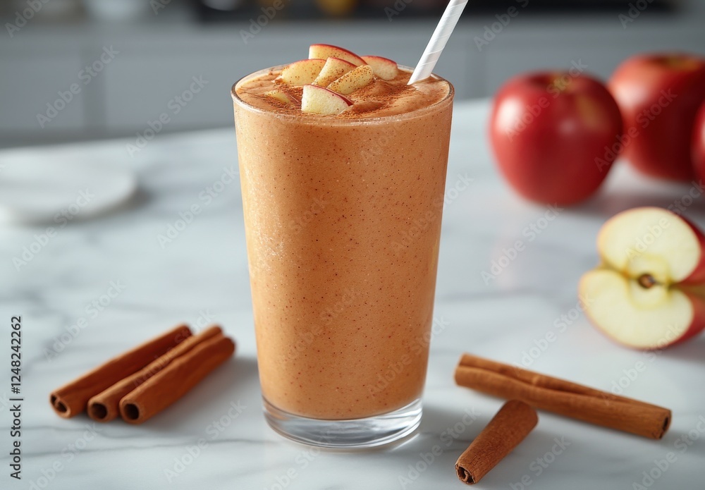 Poster healthy smoothie with apples and cinnamon topped with fresh apple slices on a marble counter in a br