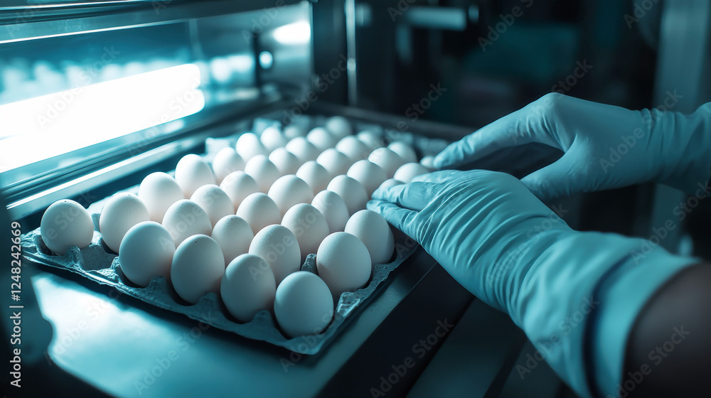 Poster calibrating fresh chicken eggs with precision in bright sunlight at an efficient portioning machine