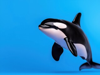 Obraz premium A majestic orca breaching against a vibrant blue background, showcasing its elegance.