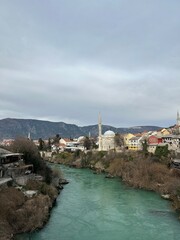 View of Neretva River from Old Bridge in Mostar, Bosnia and Herzegovina