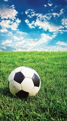 Soccer ball on green grass under a blue sky. Outdoor sports