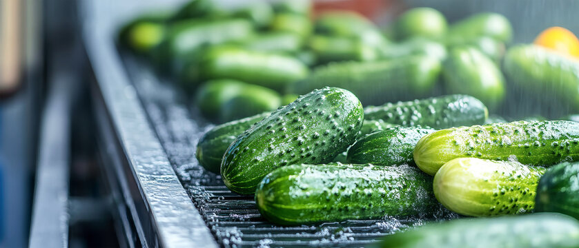 Crisp cucumbers being thoroughly washed on a conveyor belt in an industrial food processing facility