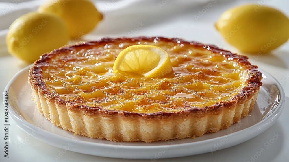 Poster bright and tangy lemon tart with glossy surface and curl of zest on white background