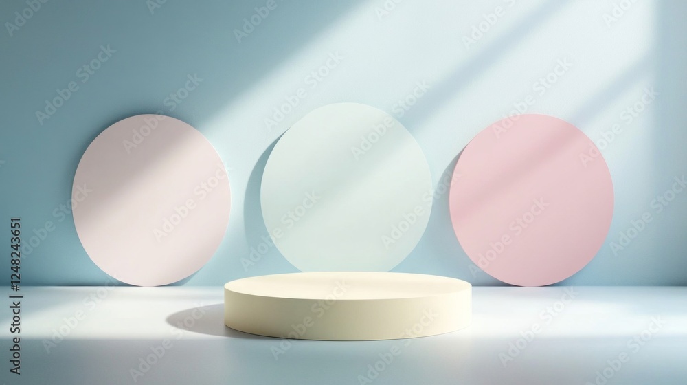 Poster A serene setting showcases three pastel-colored circles against a soft backdrop, creating an elegant and vibrant atmosphere. The gentle shadows add depth, enhancing the minimalist design