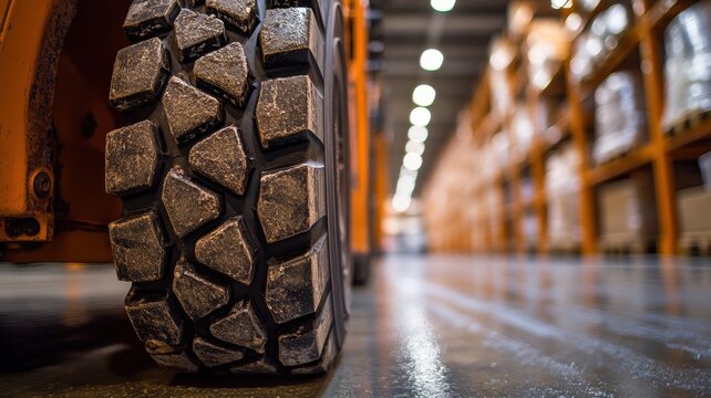 Detailed macro view of forklift tire tread in a warehouse environment industrial context close-up perspective