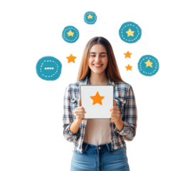 A woman holding a tablet, smiling while reviewing star ratings. Star icons hover around her. Isolated on a white background, concept of online feedback