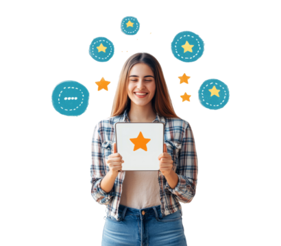 A woman holding a tablet, smiling while reviewing star ratings. Star icons hover around her. Isolated on a white background, concept of online feedback