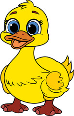 A cheerful, cartoon-style yellow duckling with big blue eyes, an open beak, and a happy expression. Perfect for children's illustrations, storybooks, and playful designs.