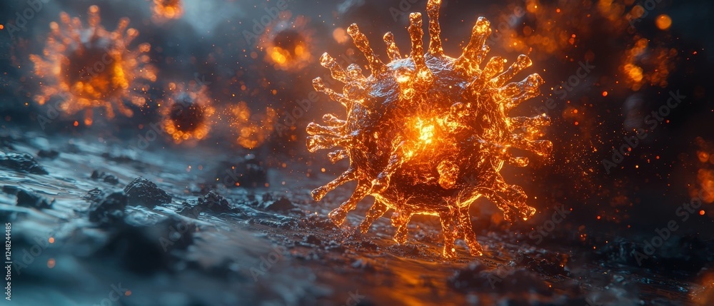 Poster mechanical virus entity merging organic and robotic elements glowing ominously conceptual virus imag