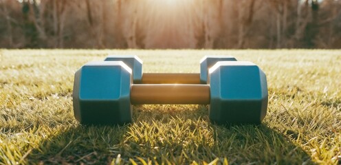 Blue dumbbells on grass at sunrise for World Health Day