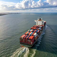 Fototapeta premium Aerial View: Cargo Ship and Containers in Harbor
