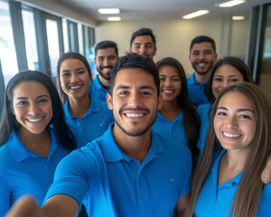 Una selfie de equipo con uniformes, diversas personas, rostros sonrientes, confianza y calidez