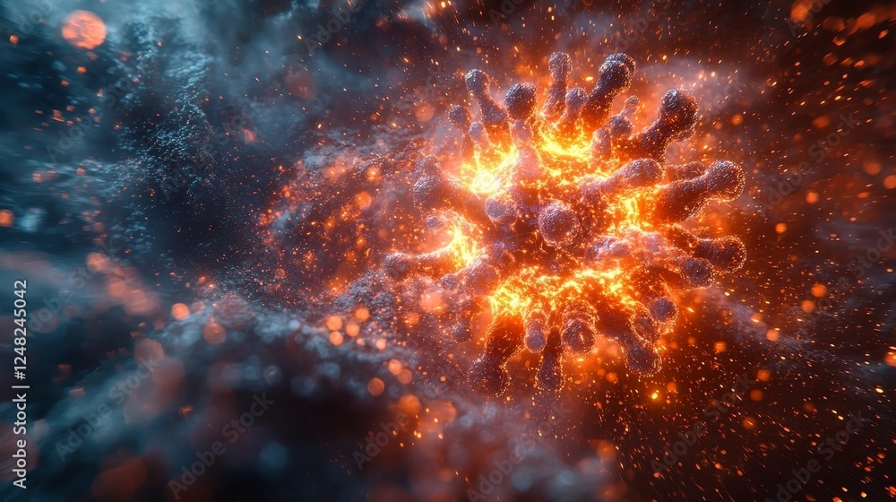 Poster high tech nanobot attacking glowing virus particle with detailed textures and microscopic battle