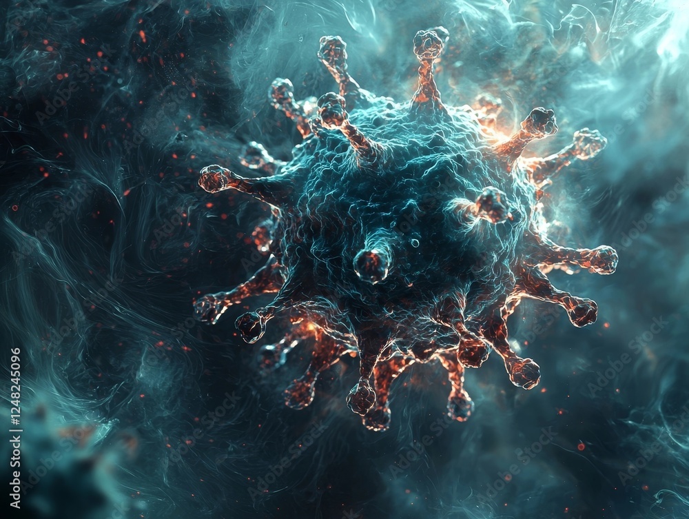 Poster captivating gem like virus particle floating in mystical dark void with intricate details and mesmer