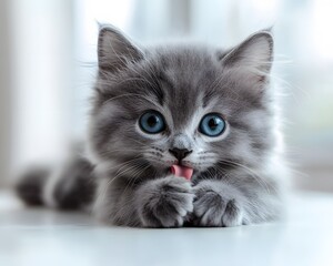 Fluffy gray kitten with striking blue eyes licks its paw