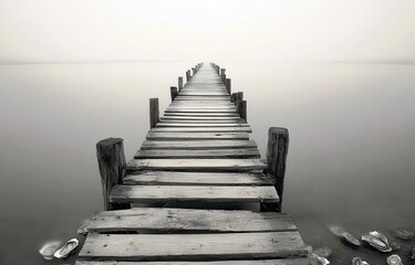 Obraz premium Foggy Serenity: A Minimalist View of a Wooden Pier Stretching Into a Tranquil Lake Under a Gloomy Sky with Reflections on Still Waters