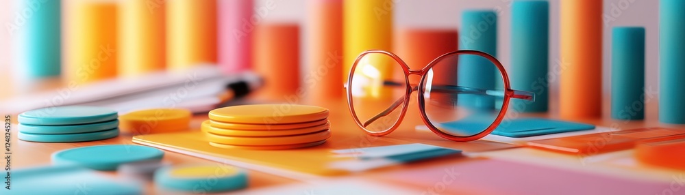 Aufkleber a colorful workspace featuring glasses, circular notes, and various stationery, creating an inviting