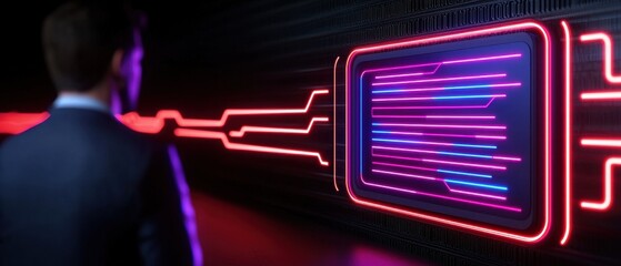 Obraz premium A professional examining futuristic technology with neon lights and digital display.