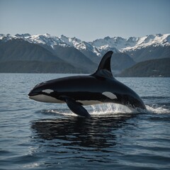 Fototapeta premium A graceful orca whale in mid-jump against a clear backdrop. Dolphin in the seakiller wale in a clean water An orca breaches the surface of a serene ocean with mountains in the background