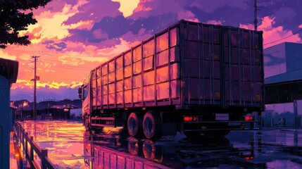 Obraz premium A Freight Truck at Sunset: Reflections on a Wet Urban Landscape