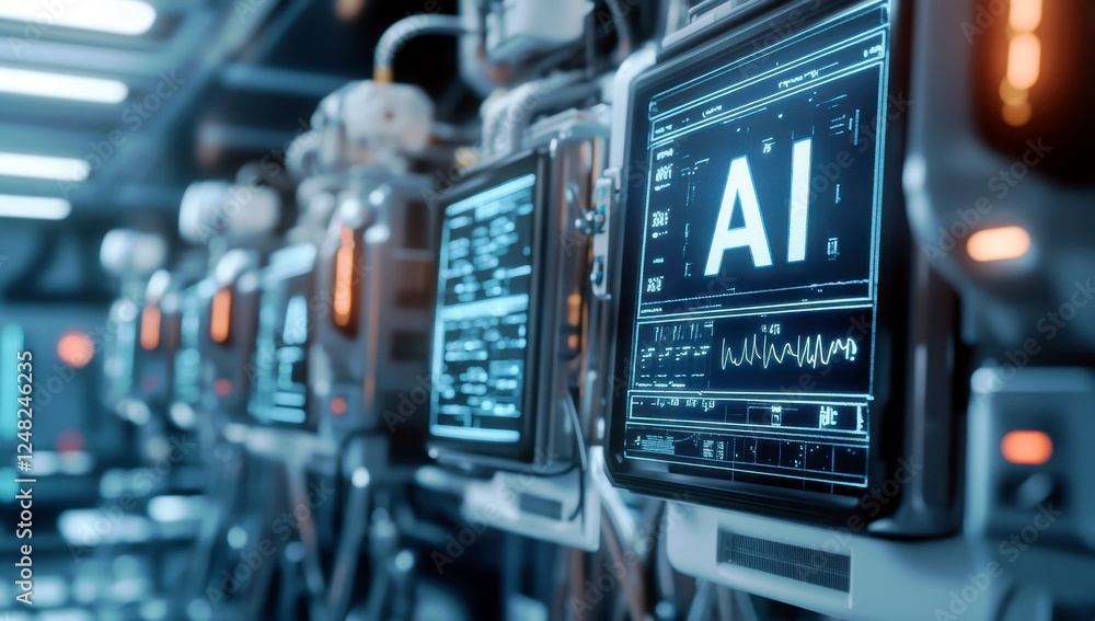 Poster advanced artificial intelligence technology displayed on digital screens in a futuristic laboratory 
