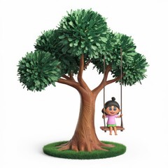 a little girl happily swinging on a tree swing. 3D cartoon style rendering, joyful and playful scene