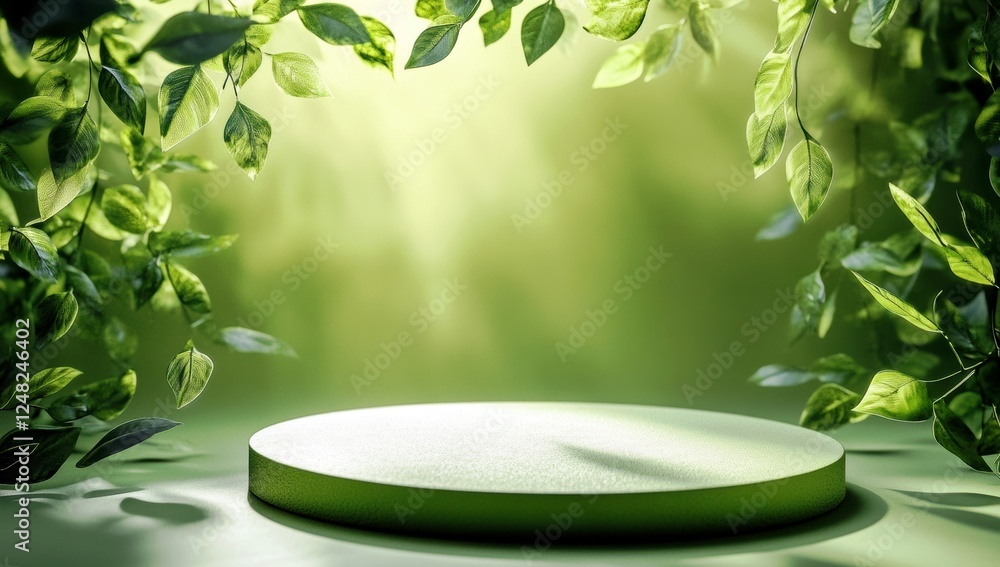 Poster green botanical background with circular platform surrounded by lush leaves and soft sunlight for pr