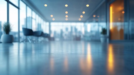 Blurred office background with panoramic view, ideal for clean, professional workspace designs and corporate presentations.