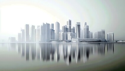 Fototapeta premium Modern skyline of a futuristic city reflecting in the still waters, showcasing sleek architecture and contemporary design in a serene atmosphere