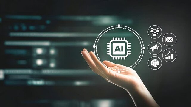 Hand holding AI icon with tech symbols and data points in background, emphasizing artificial intelligence in automated writing, content generation, and digital content creation