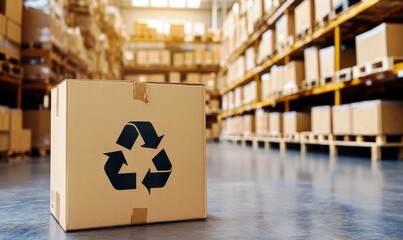 Cardboard Box with Recycling Symbol in Warehouse Setting Surrounded by Stacked Storage Boxes and Shelves for Waste Management and Sustainability Concepts