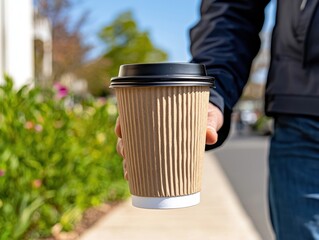A person holds a takeaway coffee cup while walking outdoors, surrounded by greenery and sunlight.