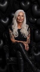 Elegant woman with tattoos sitting against a backdrop of black hearts