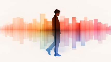 Abstract depiction of a person walking against a vibrant backdrop of colorful bars and reflections evoking modern themes and introspection