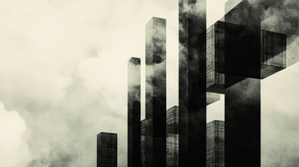Abstract monochrome cityscape with towering structures under a cloudy sky blending architecture with atmospheric elements for a surreal urban scene