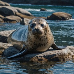 Obraz premium A seal lounging on a rock as the clear sea sparkles around it. A seal that swims in the seaA curious seal lounging on a rock near the shore. A seal balancing a ball on its nose on a rocky shore.