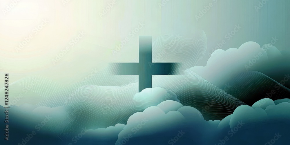 Poster abstract digital background with soft green tones and ethereal clouds featuring a central cross symb