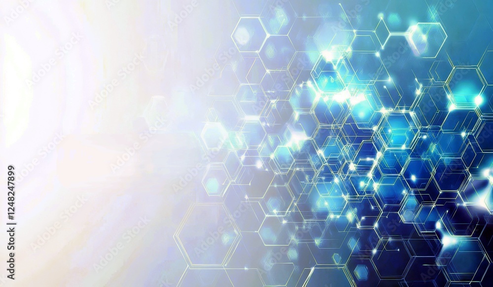 Poster abstract background with glowing hexagons and bright light beams creating a futuristic digital textu