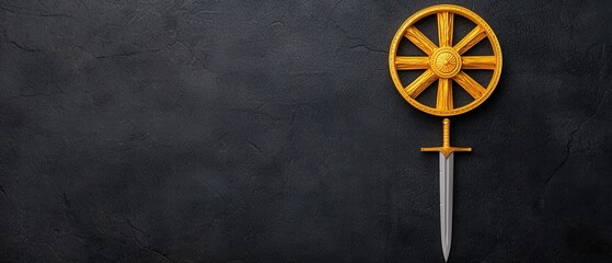 A symbolic golden wheel and sword on a dark background, representing power and history.