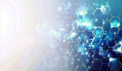 Abstract background with glowing hexagons and bright light beams creating a futuristic digital texture in blue and white tones for technology themes