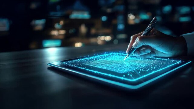Hand using a pen to sign an electronic document on a digital tablet, showcasing AI driven content writing, content generation, and automated document creation technology