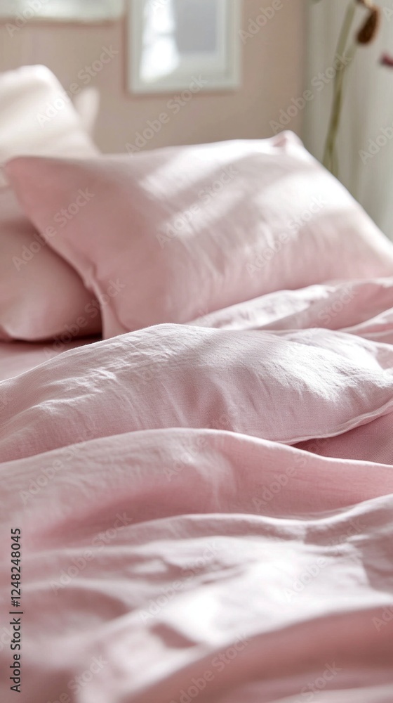 Poster soft pink linen bed sheets create a serene and inviting atmosphere in a cozy bedroom setting. perfec