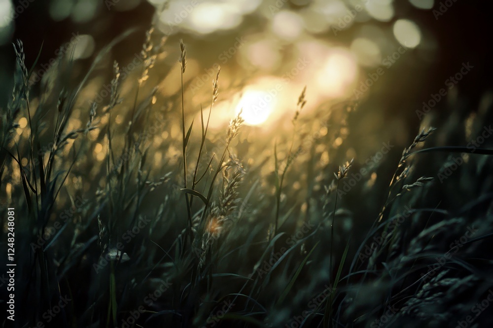 Poster serene sunset over gentle grassland with soft lighting and bokeh effect creating a dreamy atmosphere